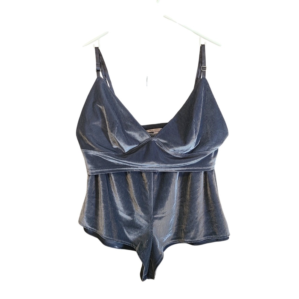 Victoria's Secret 2 PC Pajama Set Women XL Blue Grey Ribbed Velvet Lounge